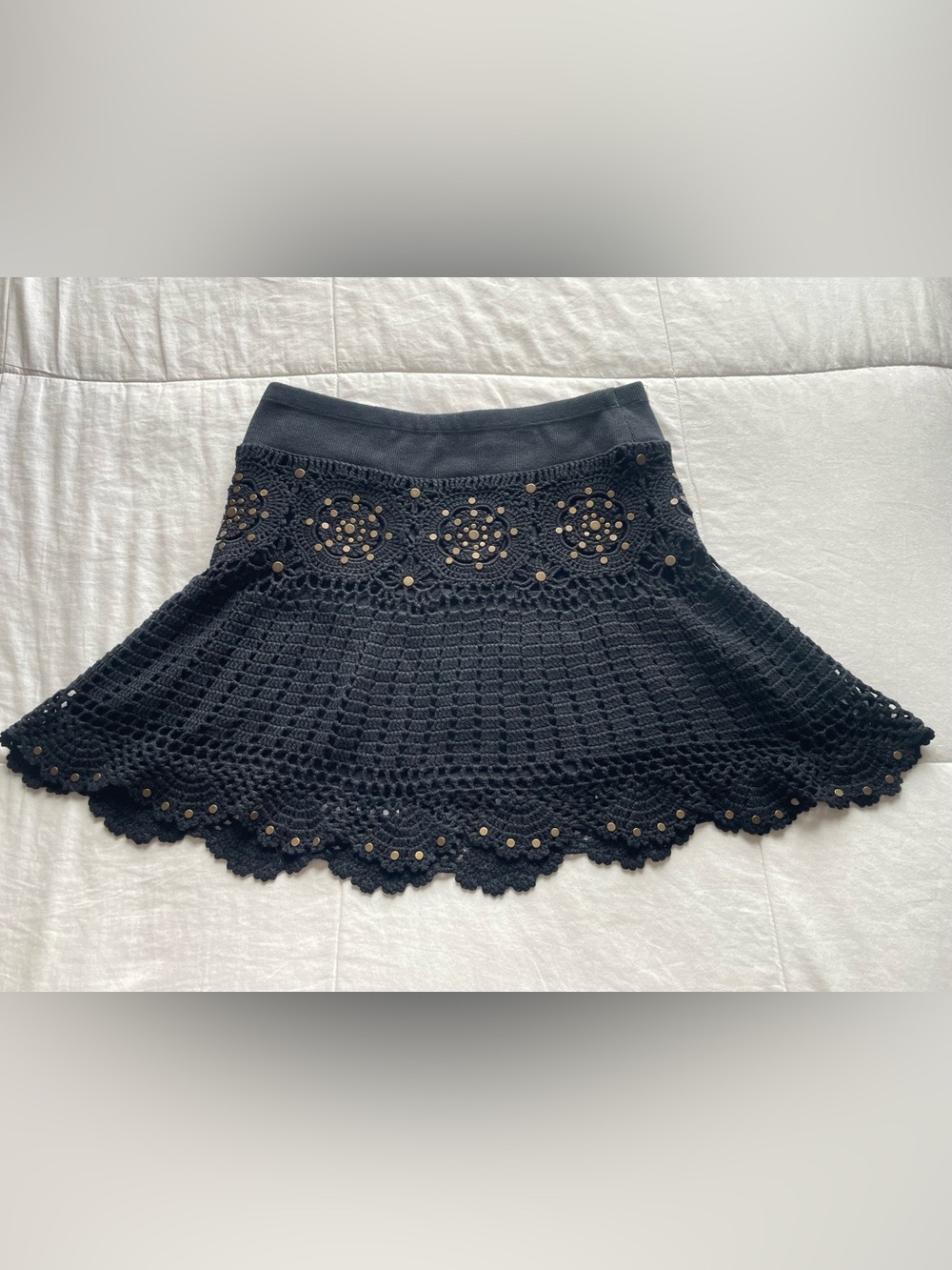 Vintage Y2K Black Crochet Knit Cotton Macrame Mini Skirt Medium Western Festival